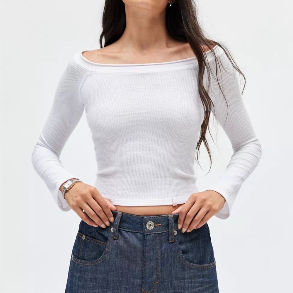 BDG White Off-Shoulder Ribbed Long-Sleeve Top